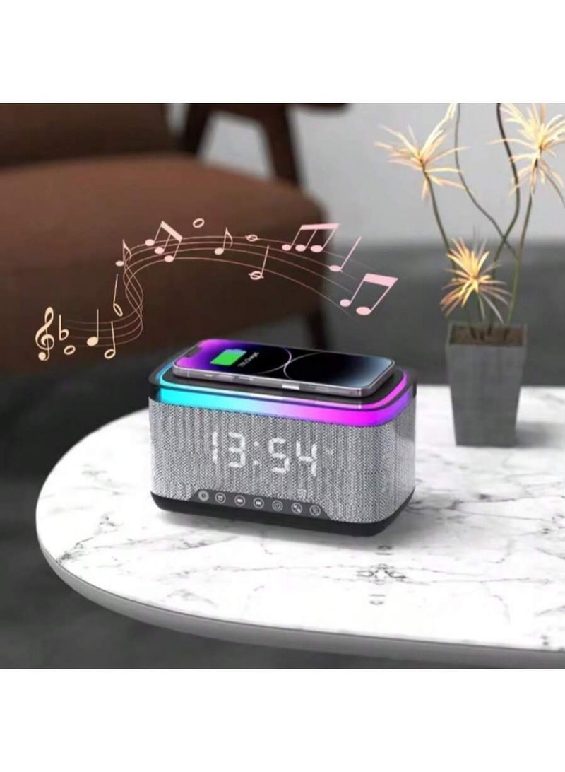 Ayshal Bluetooth speaker, wireless charger, RGB alarm clock - three-in-one function, excellent sound quality, screen display time, built-in sleep aid audio, Bluetooth compatible with various mobile phones, can play music and important audio, suitable for living room and bedroom, white - Image 3