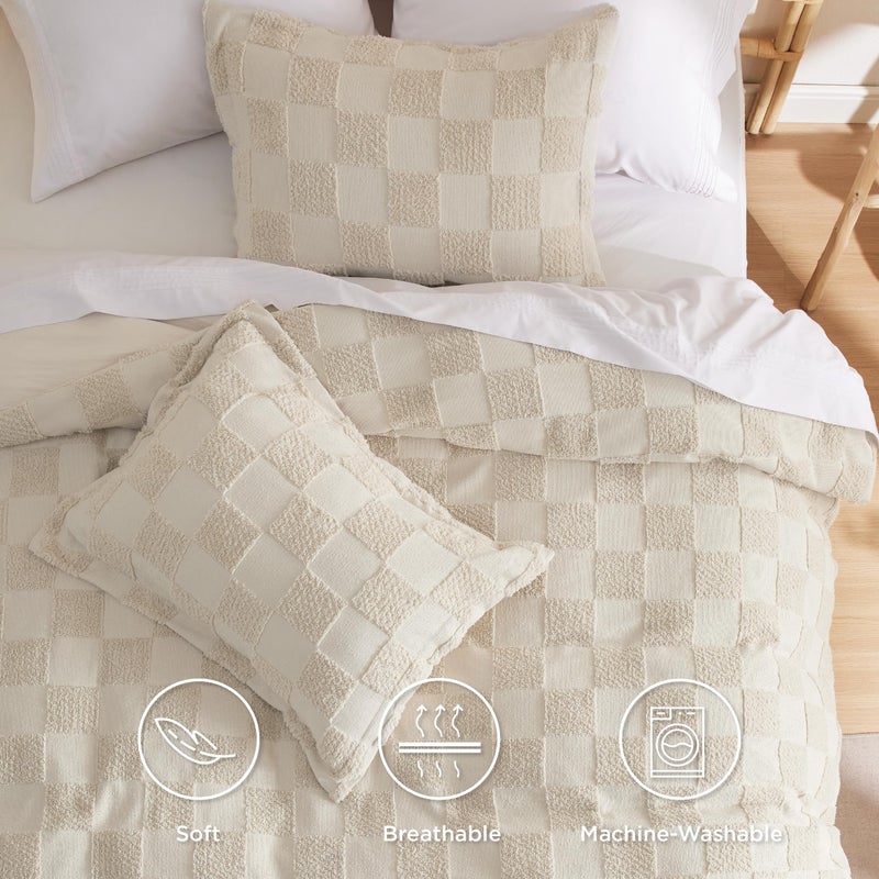 Bedsure Boho Kids Duvet Cover King Sizeï¼ˆDuvet Insert/Comforter not Included - Checkered King Duvet Cover for All Seasons, Soft Shabby Chic Boho Bedding (Beige, 104" x 90") - Image 3