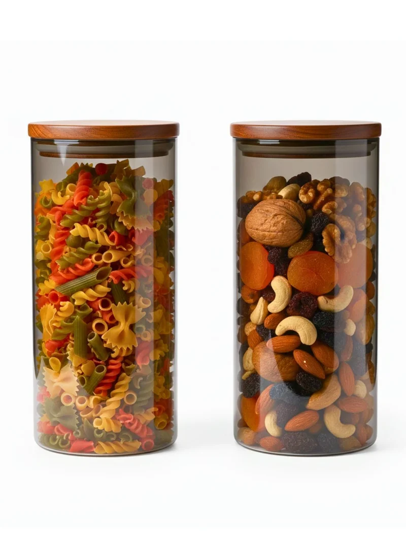 1Chase Borosilicate Glass Storage Jar Smoky Grey 1300 ML - (Set of 2) | Airtight Food Container with Acacia Wooden Lid | Durable & Stylish Kitchen Storage