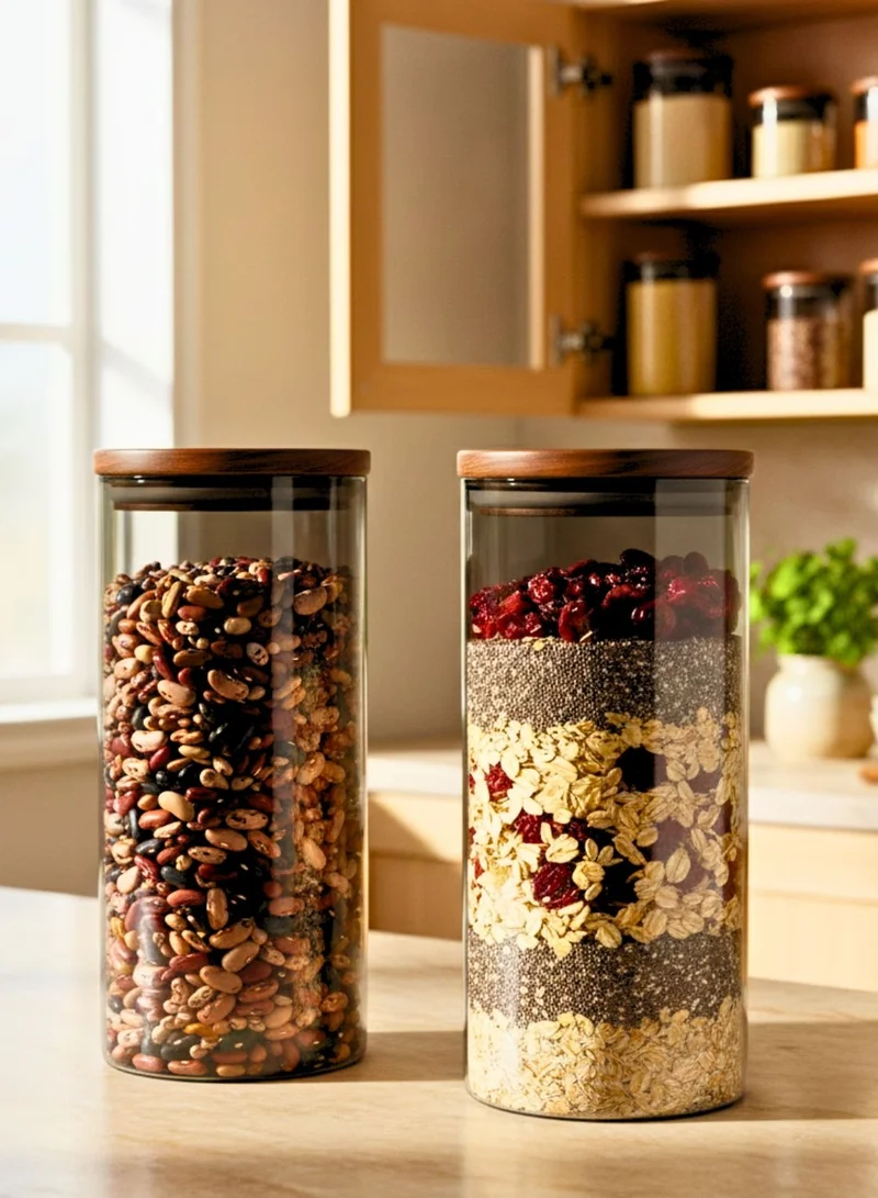 1Chase Borosilicate Glass Storage Jar Smoky Grey 1300 ML - (Set of 2) | Airtight Food Container with Acacia Wooden Lid | Durable & Stylish Kitchen Storage