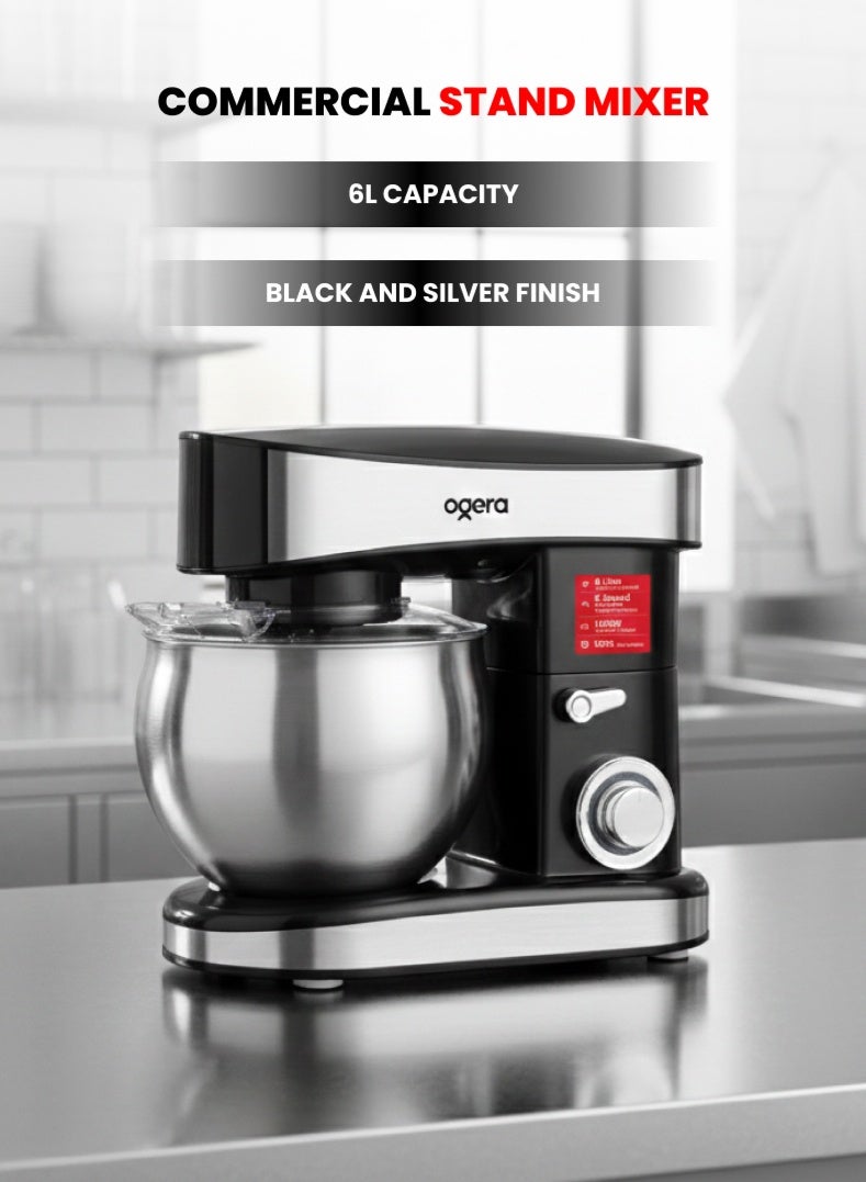 أوجيرا خلاط كهربائي 1200 واط بسعة 6 لتر مع وعاء خلط من الستانلس ستيل، 6 سرعات مع خاصية النبض، رأس قابل للإمالة، آلة مطبخ قوية لتحضير عجين الخبز والبيتزا والكيك، بنظام خلط كوكبي، قاعدة ثابتة مانعة للانزلاق، موديل OG1201SM، ضمان لمدة سنتين - Image 1