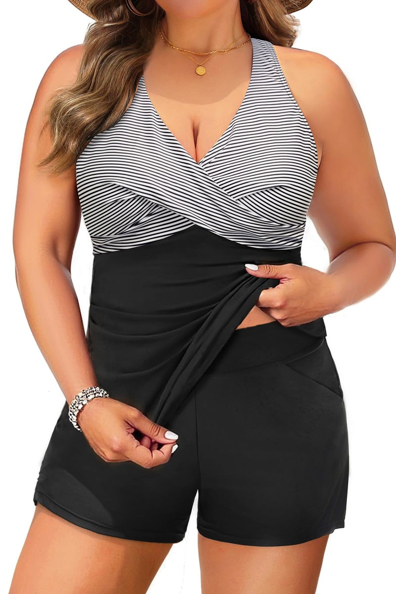 Daci Plus Size Tankini Swimsuit for Women - Two Piece Tummy Control Bathing Suit Tankini Top with Two Pockets Shorts Black Striped 18 Plus - Image 1