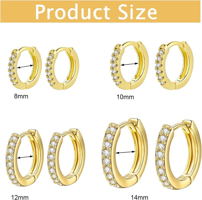 HANNEA® 4 Pairs Hoops Earrings for Women Fashion Gold Earrings 8mm 10mm 12mm 14mm Zircon Hypoallergenic Small Boho Huggie Hoop Combo Jewellery Valentine Birthday Gift for Women - Image 1