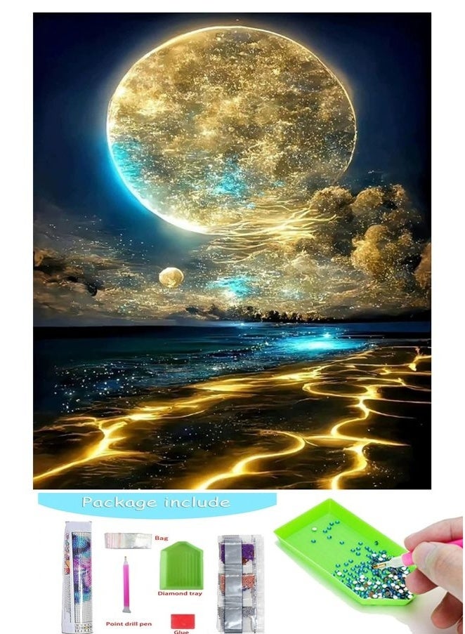 مجموعة الماس الفن، DIY 5D القمر المناظر الطبيعية الماس اللوحة مجموعة، جولة كاملة الماس الحرفية ديكور الجدار المنزلي هدية 30x40cm (بدون حدود) - Image 1