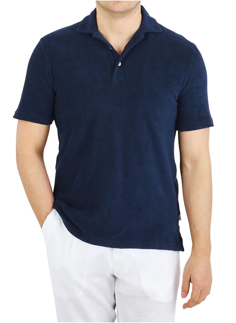 LOUD UNIVERSE Mens Navy Blue Plain Cotton Pique Summer Fabric Mens Polo Shirt  - Image 2