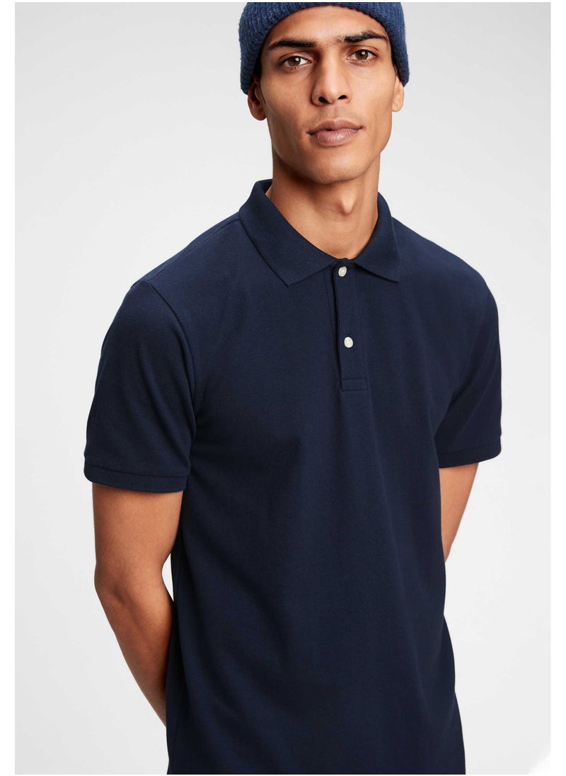 LOUD UNIVERSE Mens Navy Blue Plain Cotton Pique Summer Fabric Mens Polo Shirt  - Image 1