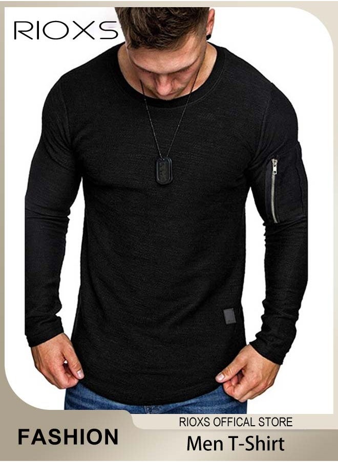 RIOXS - Mens Basic Shirts Cotton Crewneck Tops Casual T-Shirt Arm Zipper Tees Long Sleeve Slim Fit Undershirts HipsterTops For Workout Daily Wear - Image 1