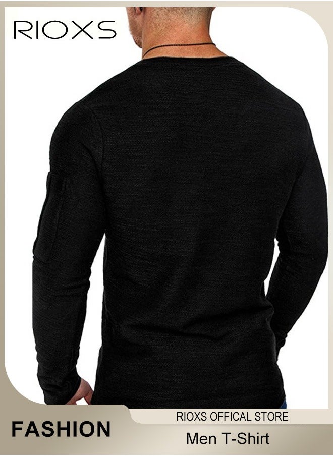 RIOXS - Mens Basic Shirts Cotton Crewneck Tops Casual T-Shirt Arm Zipper Tees Long Sleeve Slim Fit Undershirts HipsterTops For Workout Daily Wear - Image 1