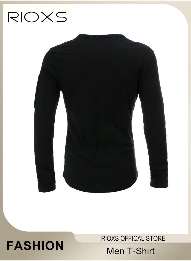 RIOXS - Mens Basic Shirts Cotton Crewneck Tops Casual T-Shirt Arm Zipper Tees Long Sleeve Slim Fit Undershirts HipsterTops For Workout Daily Wear - Image 1