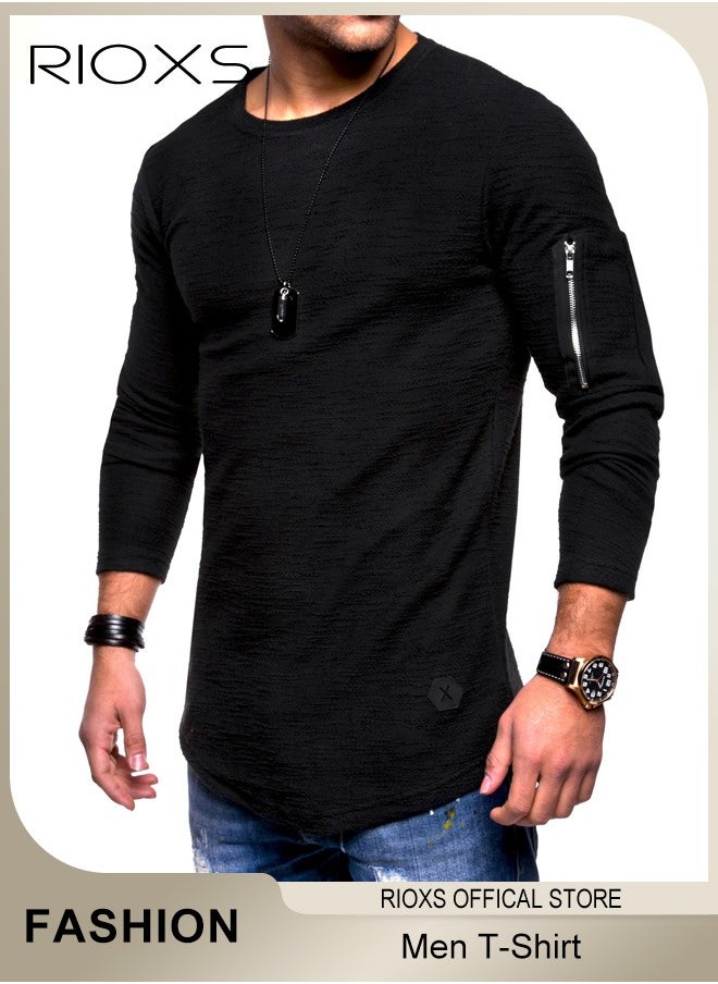 RIOXS - Mens Basic Shirts Cotton Crewneck Tops Casual T-Shirt Arm Zipper Tees Long Sleeve Slim Fit Undershirts HipsterTops For Workout Daily Wear - Image 1