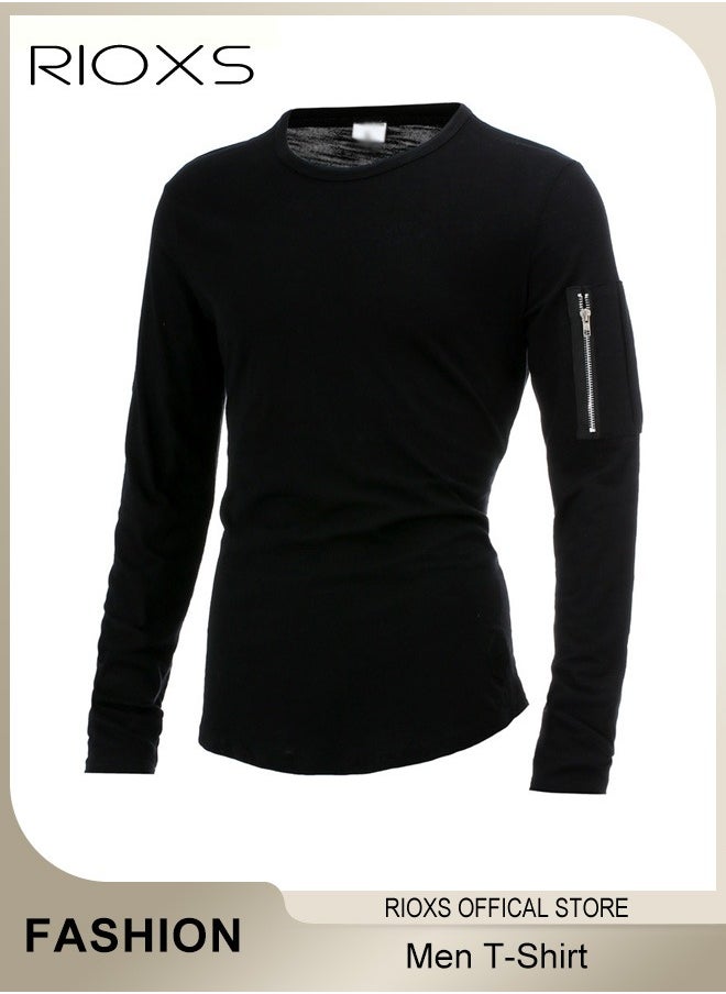RIOXS - Mens Basic Shirts Cotton Crewneck Tops Casual T-Shirt Arm Zipper Tees Long Sleeve Slim Fit Undershirts HipsterTops For Workout Daily Wear - Image 1