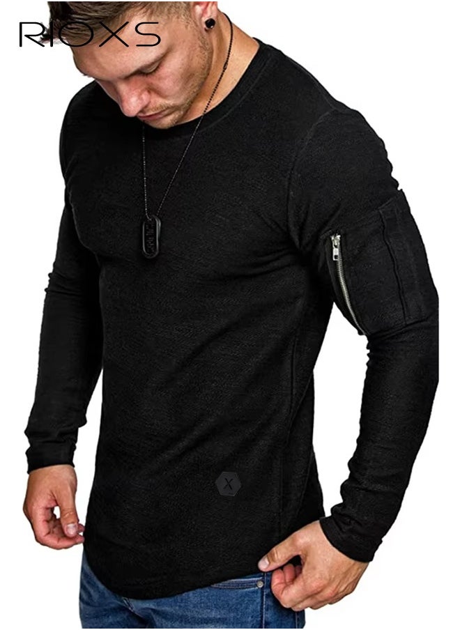 RIOXS Mens Basic Shirts Cotton Crewneck Tops Casual T-Shirt Arm Zipper Tees Long Sleeve Slim Fit Undershirts HipsterTops For Workout Daily Wear  - Image 2