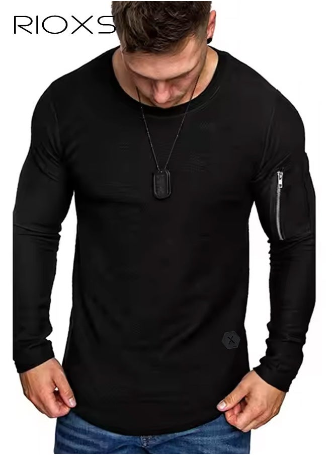 RIOXS Mens Basic Shirts Cotton Crewneck Tops Casual T-Shirt Arm Zipper Tees Long Sleeve Slim Fit Undershirts HipsterTops For Workout Daily Wear  - Image 1