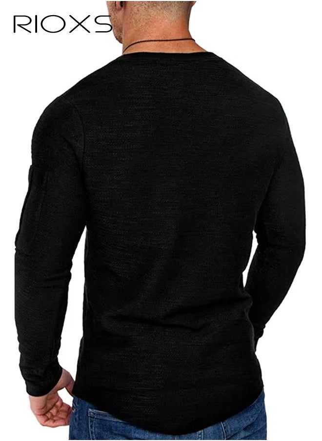 RIOXS Mens Basic Shirts Cotton Crewneck Tops Casual T-Shirt Arm Zipper Tees Long Sleeve Slim Fit Undershirts HipsterTops For Workout Daily Wear  - Image 3