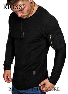 RIOXS Mens Basic Shirts Cotton Crewneck Tops Casual T-Shirt Arm Zipper Tees Long Sleeve Slim Fit Undershirts HipsterTops For Workout Daily Wear  - Image 2