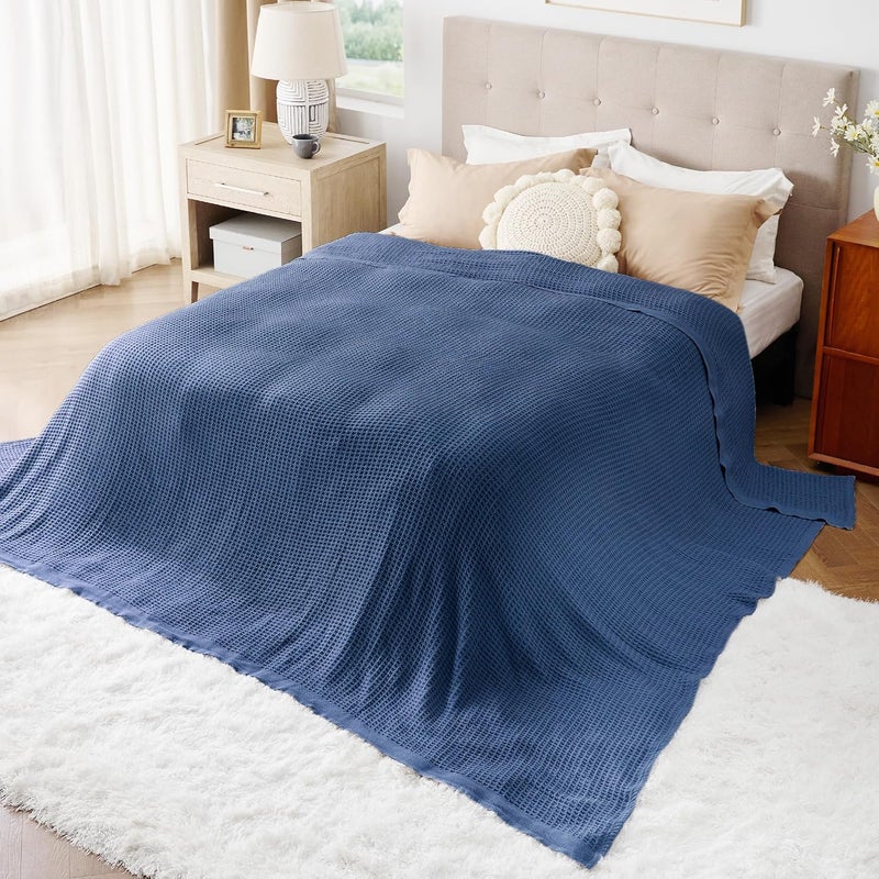 Bedsure 100% Cotton Big Blanket Oversized King for Bed - Large Breathable Thick Cooling Waffle Weave Blanket for Summer, Couch Cover, Navy, 120x94 inches - Image 4