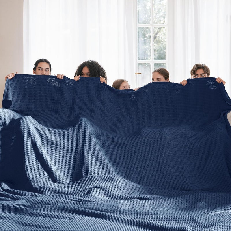 Bedsure 100% Cotton Big Blanket Oversized King for Bed - Large Breathable Thick Cooling Waffle Weave Blanket for Summer, Couch Cover, Navy, 120x94 inches - Image 2
