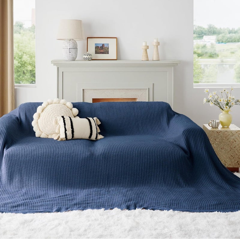 Bedsure 100% Cotton Big Blanket Oversized King for Bed - Large Breathable Thick Cooling Waffle Weave Blanket for Summer, Couch Cover, Navy, 120x94 inches - Image 5