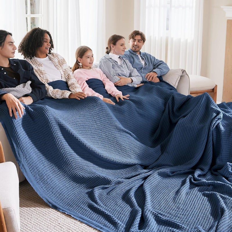 Bedsure 100% Cotton Big Blanket Oversized King for Bed - Large Breathable Thick Cooling Waffle Weave Blanket for Summer, Couch Cover, Navy, 120x94 inches - Image 1