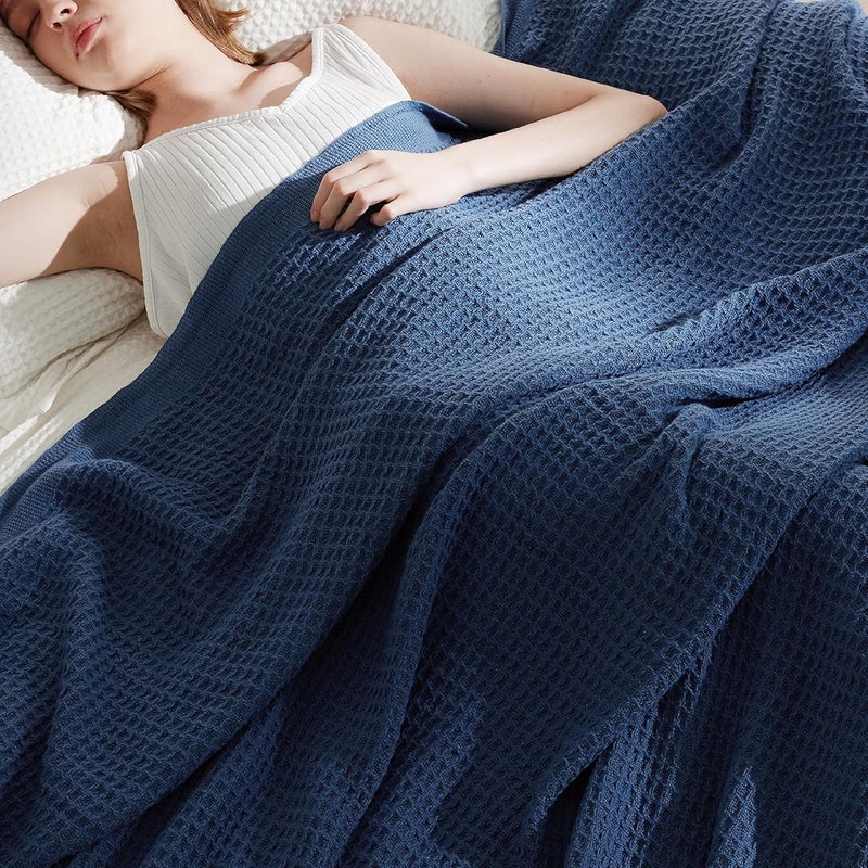 Bedsure 100% Cotton Big Blanket Oversized King for Bed - Large Breathable Thick Cooling Waffle Weave Blanket for Summer, Couch Cover, Navy, 120x94 inches - Image 3