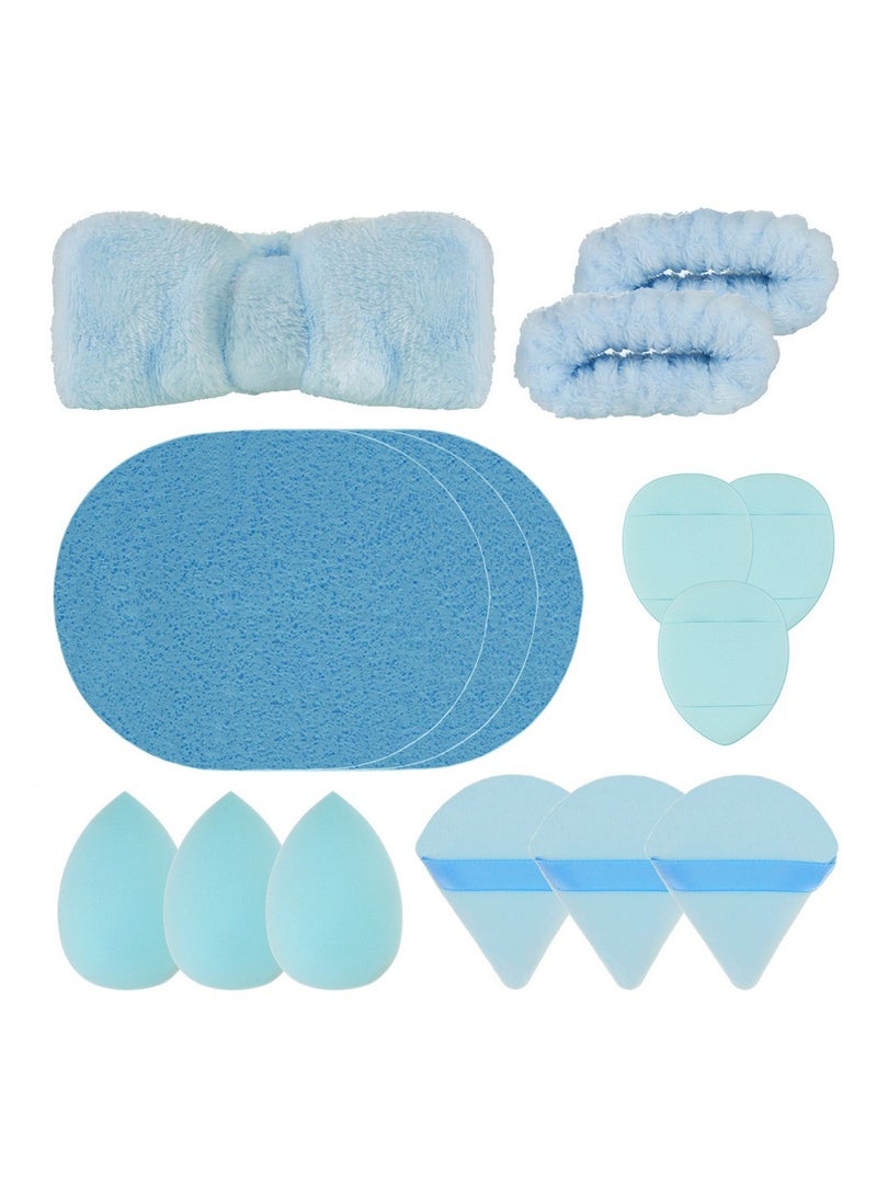 Generic 15-Piece Spa Headband and Wristband Clean Set, Includes Makeup Sponges and Face Triangle Powder Puff Skincare Beauty Blender for Washing Face,Women Gift Set(Blue) - Image 1