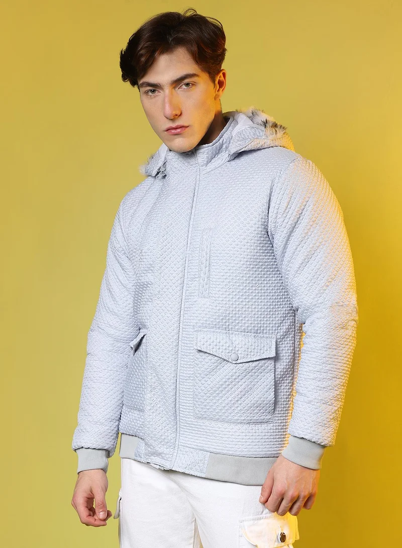 CAHOOT  Men's Moon Grey Self-Design Rhombus Puffer Jacket for Men | Best Price UAE