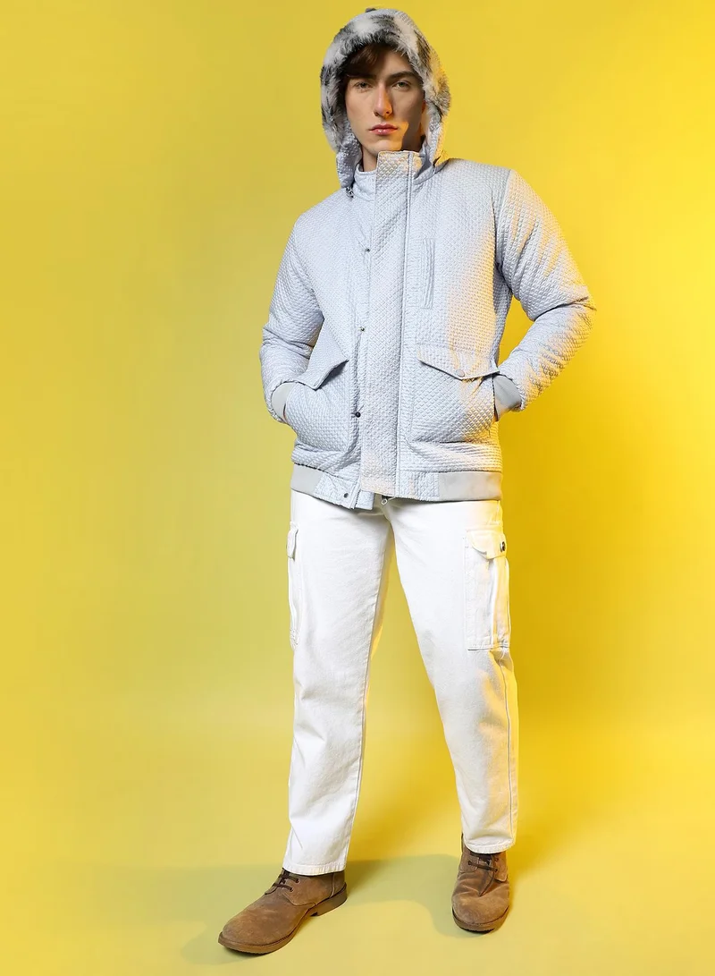 CAHOOT  Men's Moon Grey Self-Design Rhombus Puffer Jacket for Men | Best Price UAE