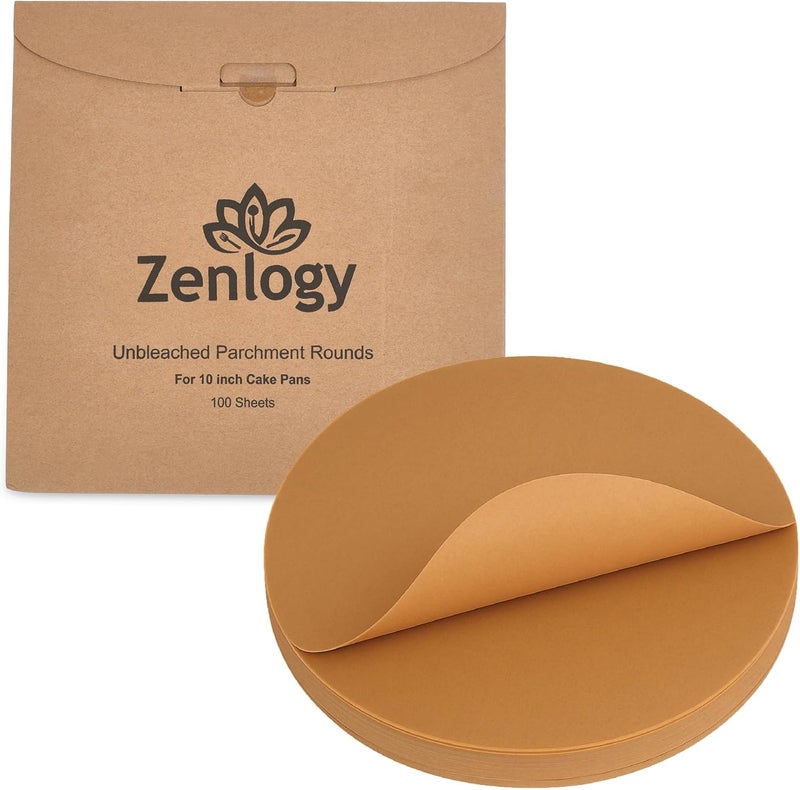 Zenlogy 10 Inch Parchment Paper Rounds (100 Sheets) - Unbleached, Pre-cut, High Heat, Round Liners - Fits 10 inch Round Cake Pans, Pizza Pans, and Air Fryer - Image 1