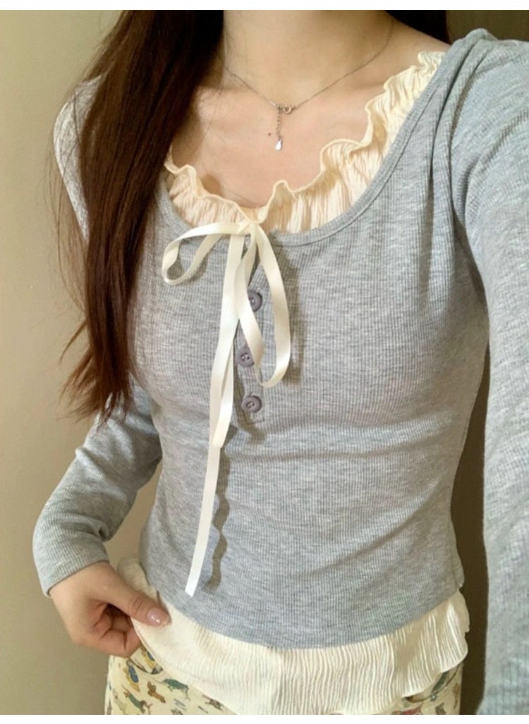 Generic - Korean Chic Layered Ruffle Long Sleeve T-Shirt for Women Black - Image 1