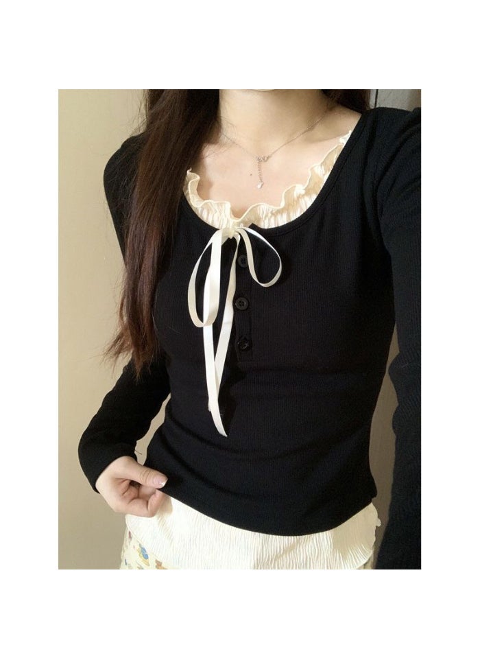 Generic - Korean Chic Layered Ruffle Long Sleeve T-Shirt for Women Black - Image 1