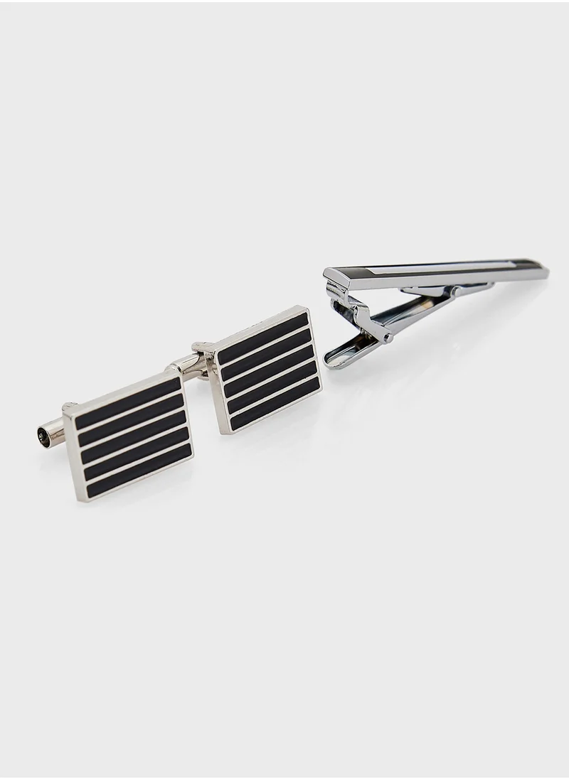 روبرت وود Stripes Detail Rectangular Cufflinks And Tie Pin Gift Set