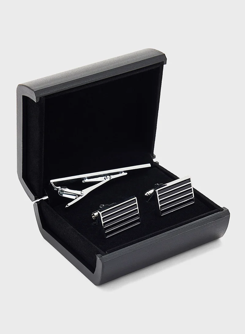 روبرت وود Stripes Detail Rectangular Cufflinks And Tie Pin Gift Set