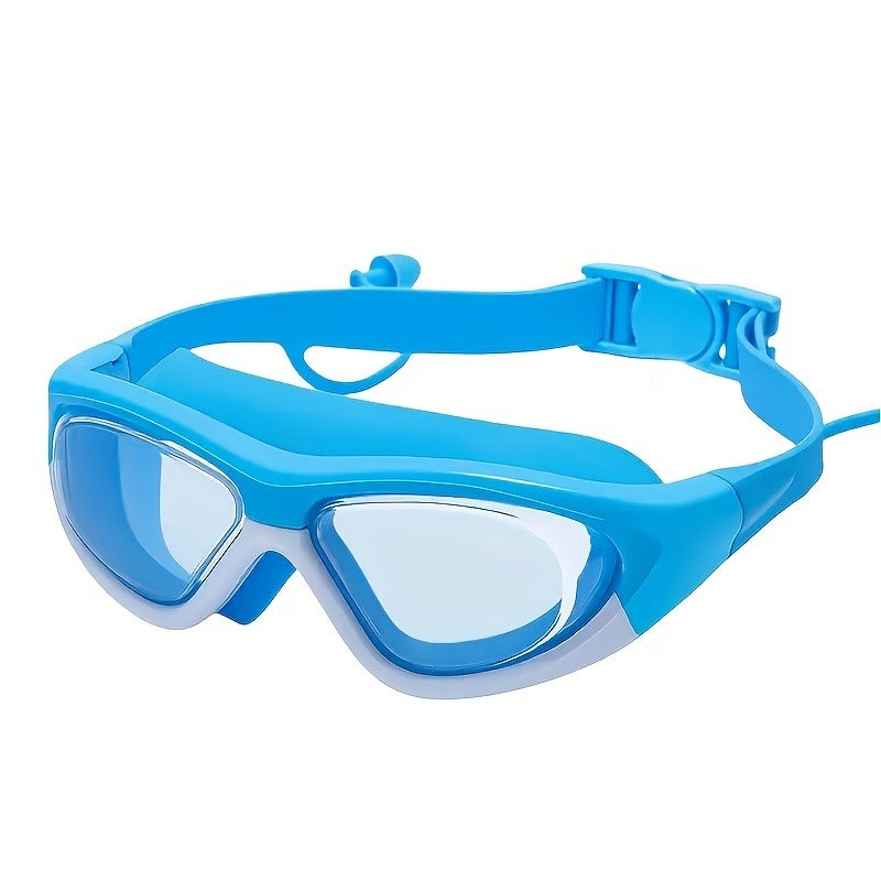 Kids' Adjustable Swim Goggles with Earplugs, Wide Frame HD Lens, Waterproof for Boys & Girls