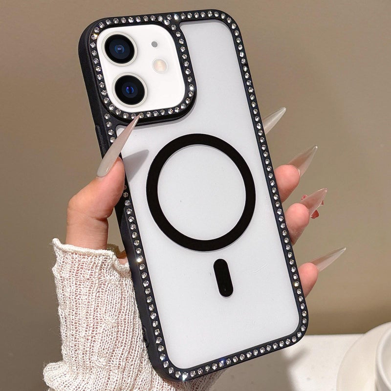 إيروريكس جراب هاتف MagSafe بفتحة عدسة كبيرة وإطار من حجر الراين لهاتف iPhone 12 mini (أسود) - Image 1