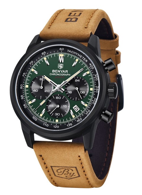 Watches for Men Luxury Quartz Water Resistant Watch Men's Chronograph Genuine Leather Strap 5188