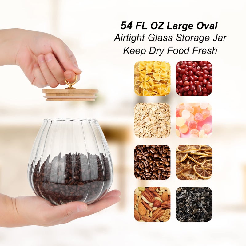 FANTESTICRYAN Glass Coffee Nuts Canister Airtight Storage Jar Petal Decorative Container with Bamboo Lid Metal Handle Easy to Grasp 1600ml  54 FL OZ (Large Oval) - Image 2
