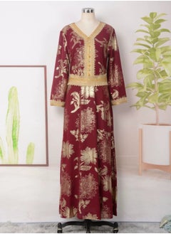 إسكدنيا إمرأة مسلمة Abaya حارّ ختم مساء ثوب مع حزام سير عربيّة ثوب قرمزيّ  - Image 1