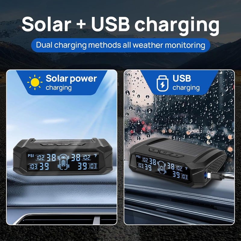 نظام مراقبة ضغط الإطارات RV، نظام مراقبة ضغط الإطارات اللاسلكي TPMS مع شاحن شمسي، TPMS للمركبات الترفيهية مع 4 حساسات ضغط إطارات و 6 أوضاع إنذار (0-87 PSI) - Image 2