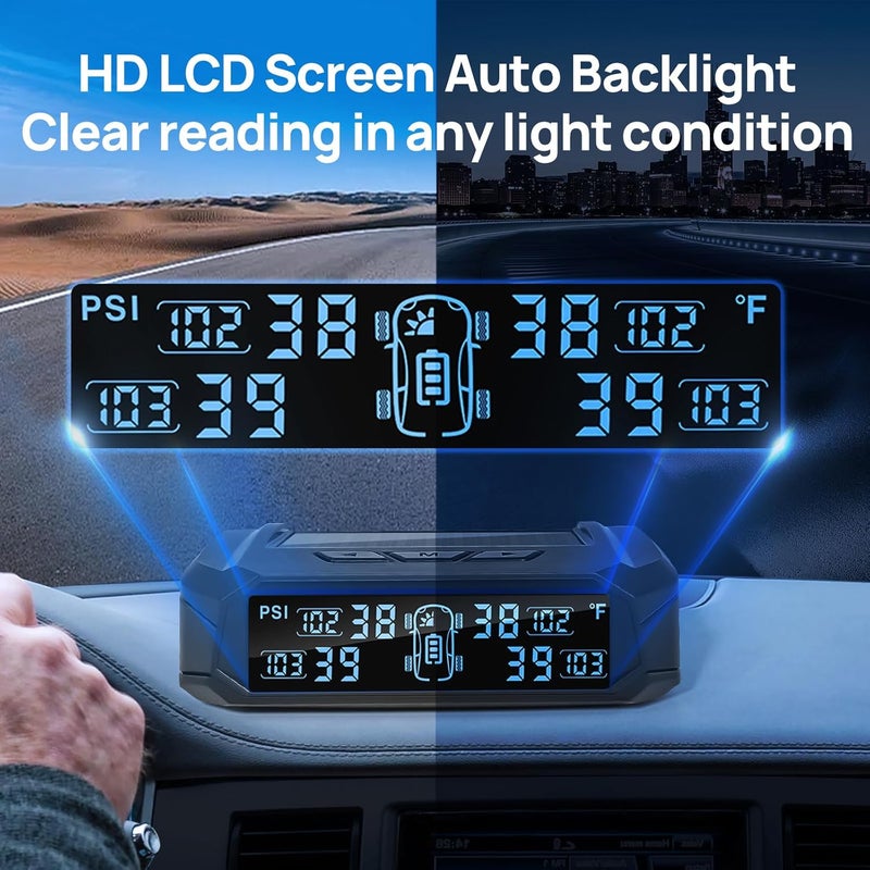 نظام مراقبة ضغط الإطارات RV، نظام مراقبة ضغط الإطارات اللاسلكي TPMS مع شاحن شمسي، TPMS للمركبات الترفيهية مع 4 حساسات ضغط إطارات و 6 أوضاع إنذار (0-87 PSI) - Image 5
