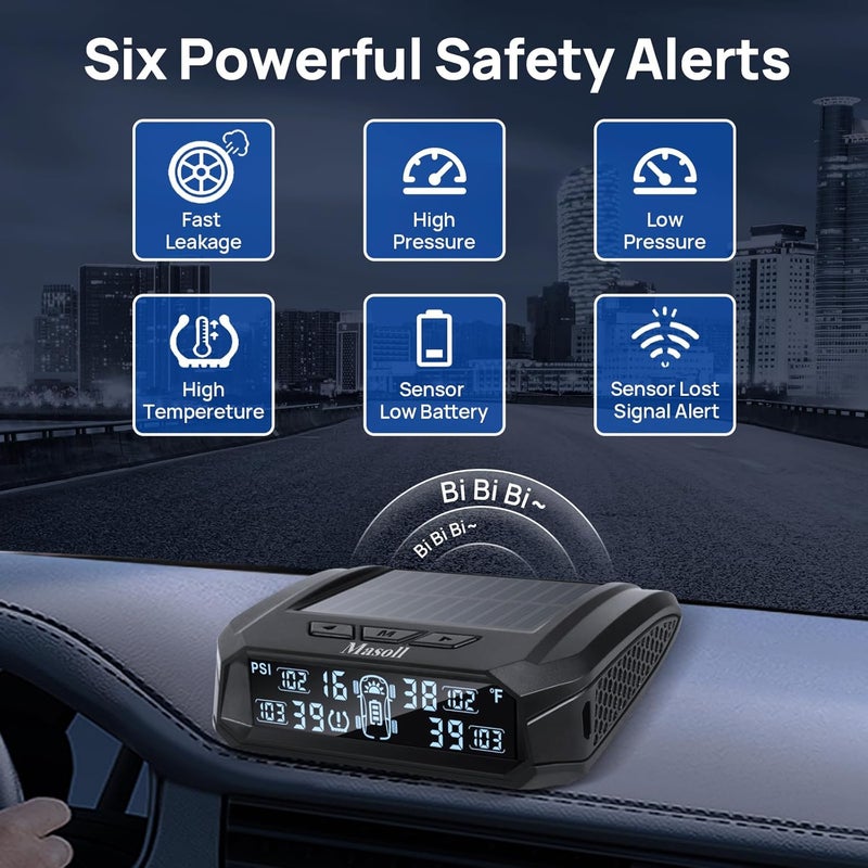 نظام مراقبة ضغط الإطارات RV، نظام مراقبة ضغط الإطارات اللاسلكي TPMS مع شاحن شمسي، TPMS للمركبات الترفيهية مع 4 حساسات ضغط إطارات و 6 أوضاع إنذار (0-87 PSI) - Image 3