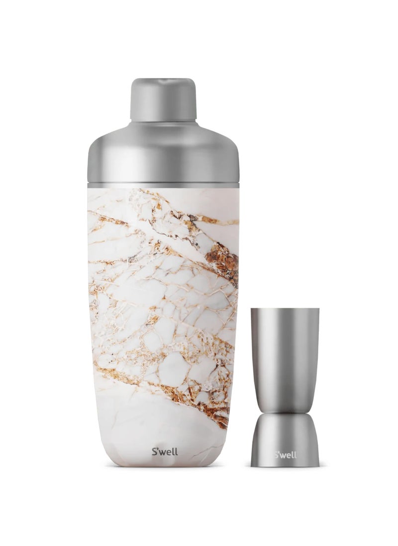 S'well Swell Stainless Steel Shaker Set with Jigger 18oz Calacatta Gold Triple Layered Vacuum Insulated Container Keeps Cocktails Colder for Longer BPA Free Barware 