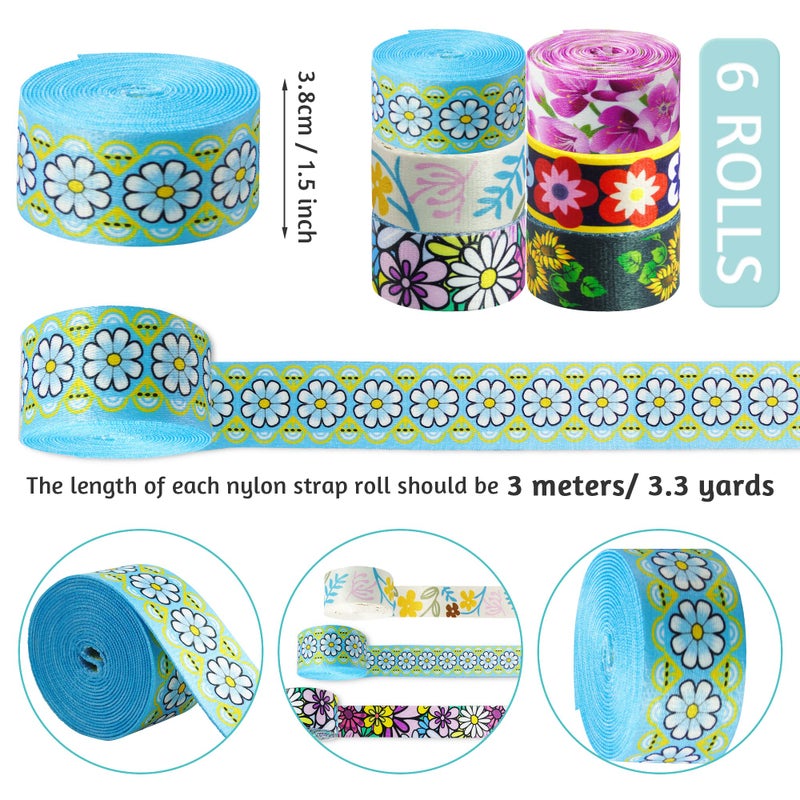 Grosun 6 Rolls 1.5 inch Flower Nylon Webbing Belt Webbing Straps Purse Straps Backpack Straps Nylon Belt with Different Patterns for Seatbelt, Bags, Backpacks, Luggage - Image 2