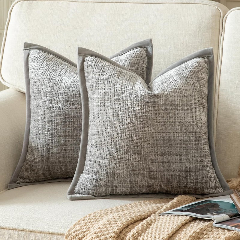 Yaertun Pack of 2 Chenille Textured Decorative Throw Pillow Covers Accent Solid Cushion Cover Soft Cozy Pillow Case with Velvet Back for Couch Sofa Bed Living Room 24x24 Inch Light Grey - Image 1