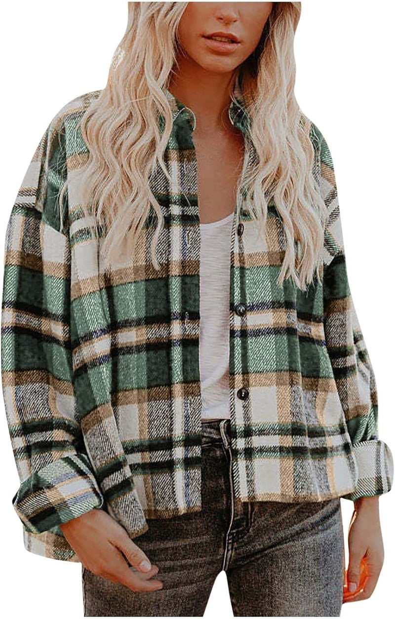 woobles Womens Plaid Shacket Casual Flannel Shirt Long Sleeve Corduroy Coat Button Down Fall Jacket Shacket 2022 Fashion Clothes XX-Large 010-green - Image 1