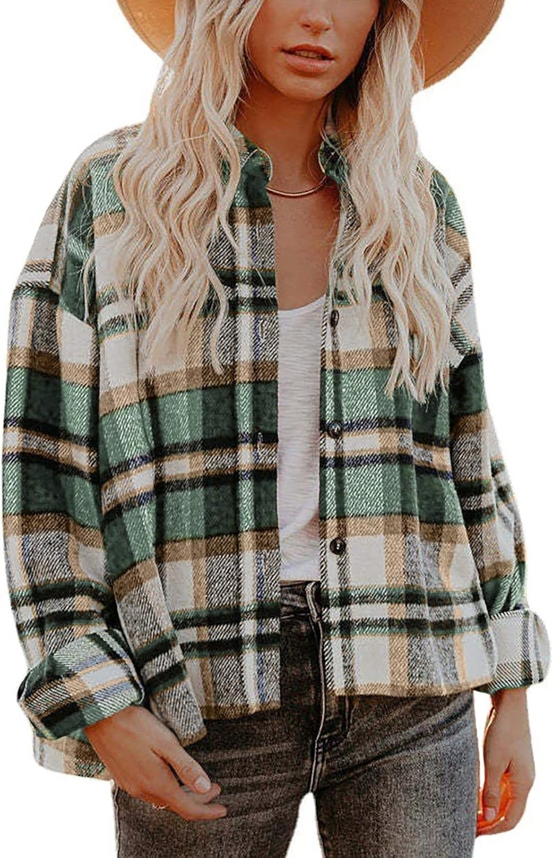 woobles Womens Plaid Shacket Casual Flannel Shirt Long Sleeve Corduroy Coat Button Down Fall Jacket Shacket 2022 Fashion Clothes XX-Large 010-green - Image 2