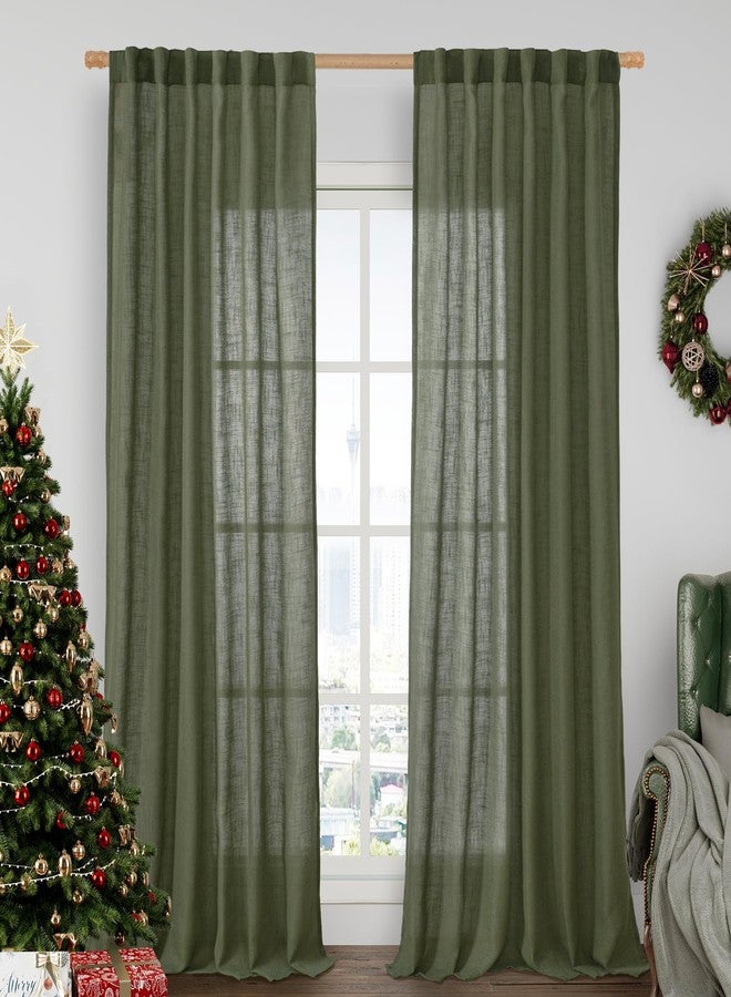 LAMIT Olive Green Linen Curtains 90 Inch for Living Room, Back Tab and Rod Pocket Linen Textured Christmas Curtains Light Filtering Drapes for Bedroom/Dining Room, Set of 2, 52 x 90 Inch - Image 1