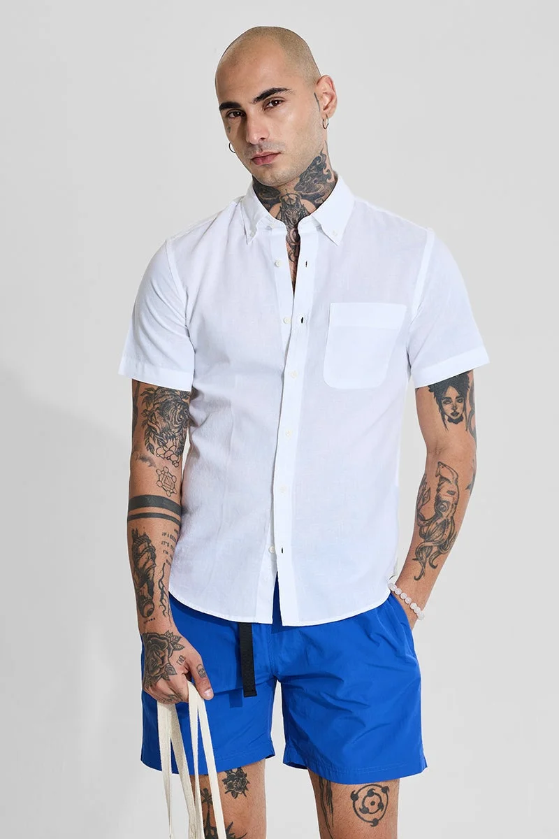 SNITCH White Linen Blend Slim Fit Shirt