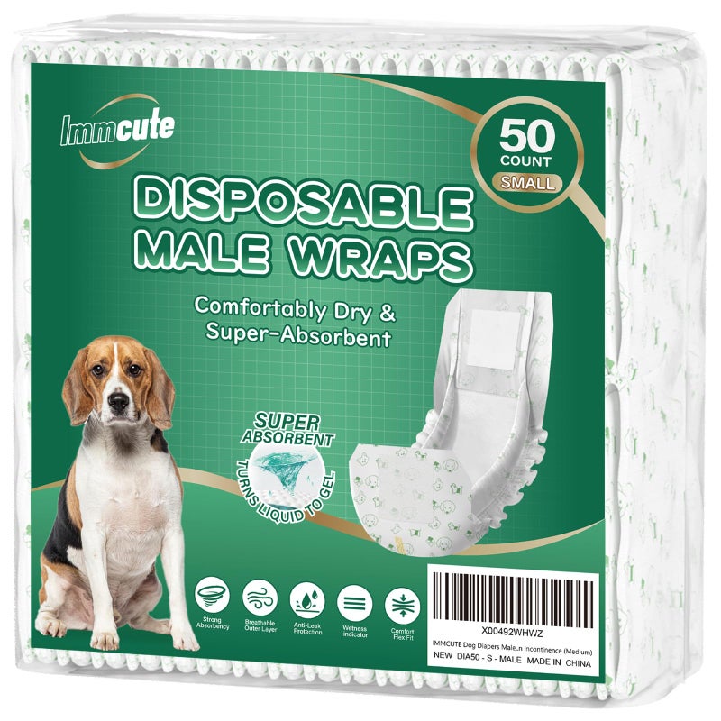 IMMCUTE Dog Diapers Male Small 50 Ct, Male Dog Diapers Disposable with Wetness Indicator, Adjustable Puppy Diapers Male, Flashdry Gel Technology, Male Dog Wraps for Incontinence & Marking - Image 1