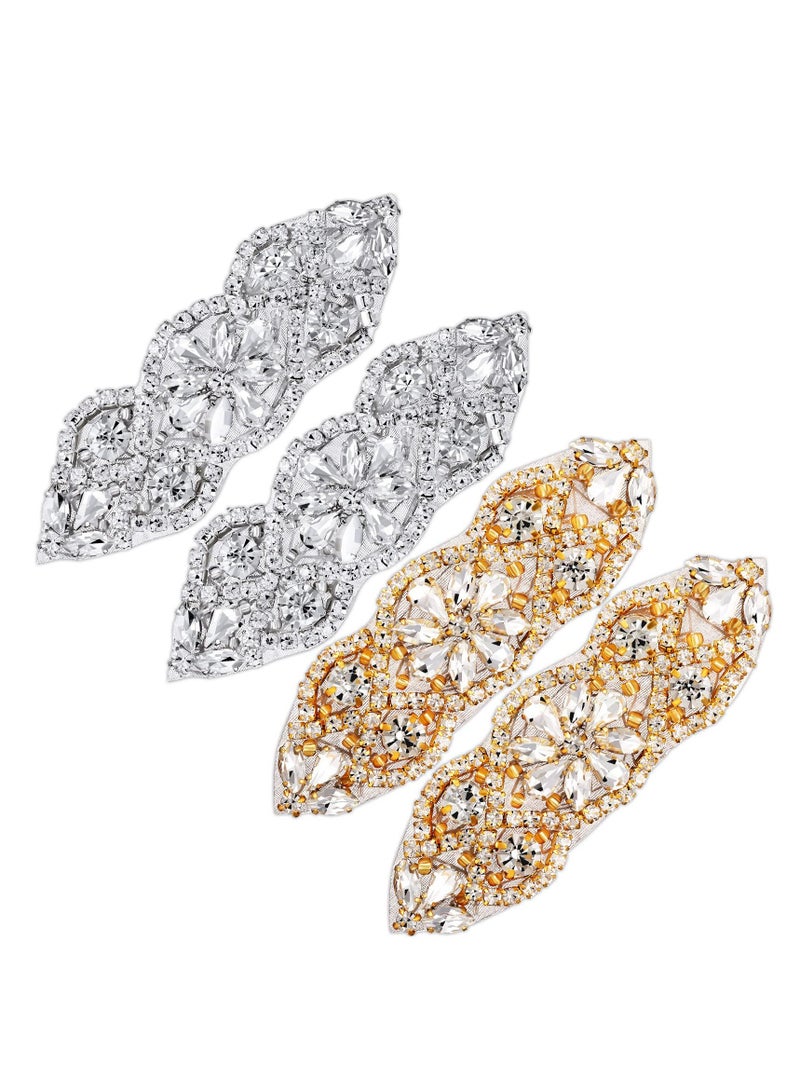 Y&D Rhinestone Applique Set, 4pcs Elegant Iron on Patch, DIY Sewing Appliques for Bridal Wedding Dress Clothes Decoration, Silver and Gold - Image 1