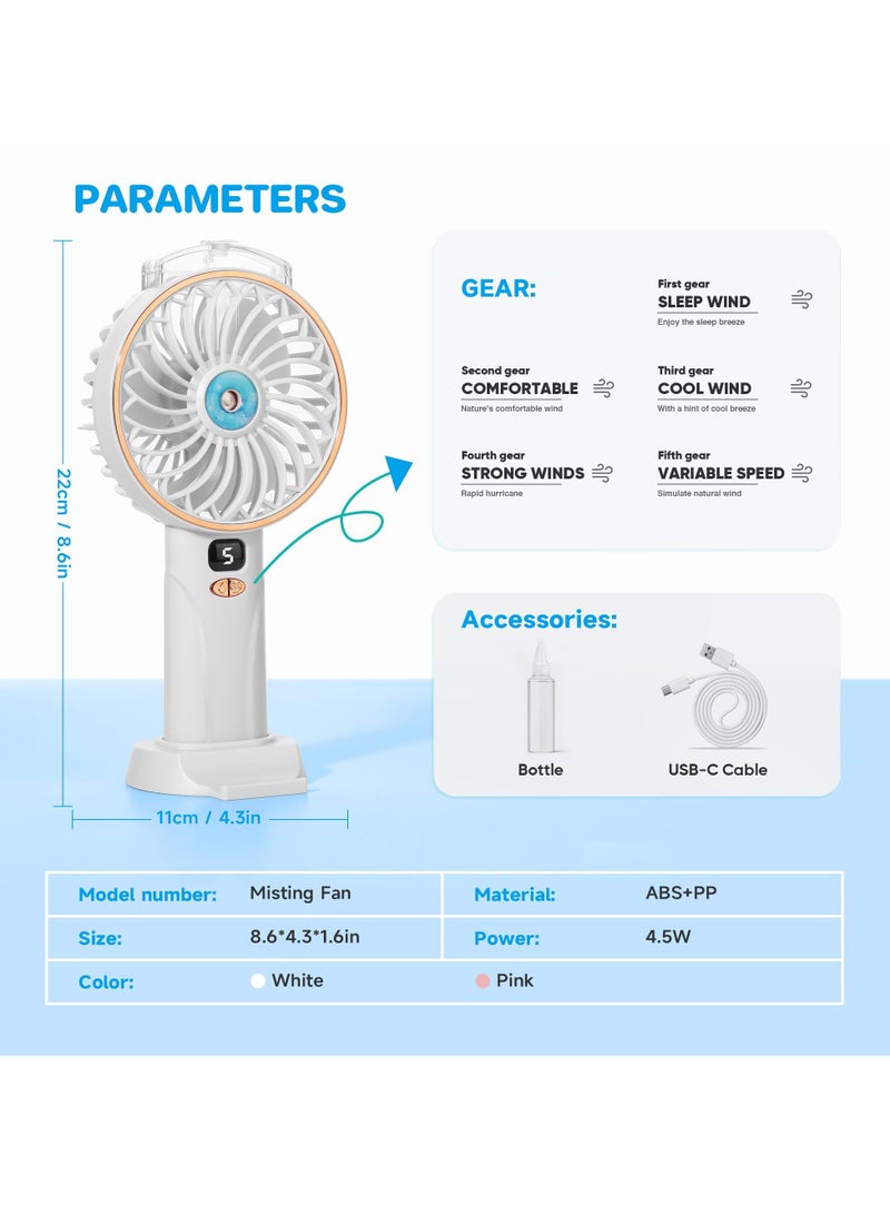 SYOSI Portable Handheld Mist Fan, 4000mAh Battery Powered Mini Misting Fan, 5 Speeds & 2 Sprays, Digital Display, Personal Cooling Water Spray Fan for Office, Outdoor, Travel, White - Image 5